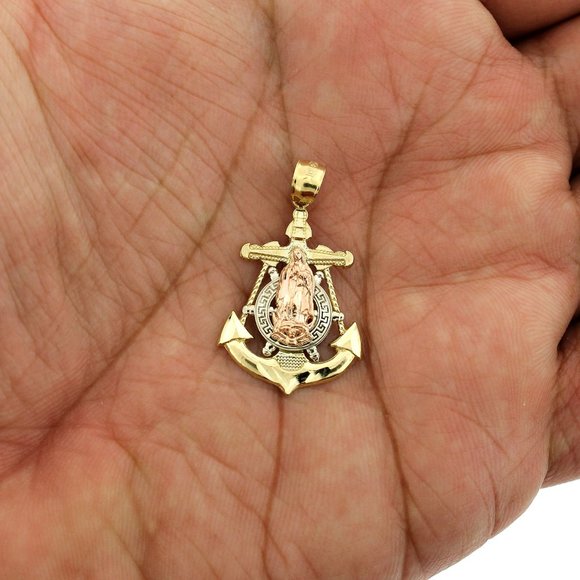 Real 10K Yellow Gold Virgin Mary Anchor Cross Pendant - Picture 3 of 6